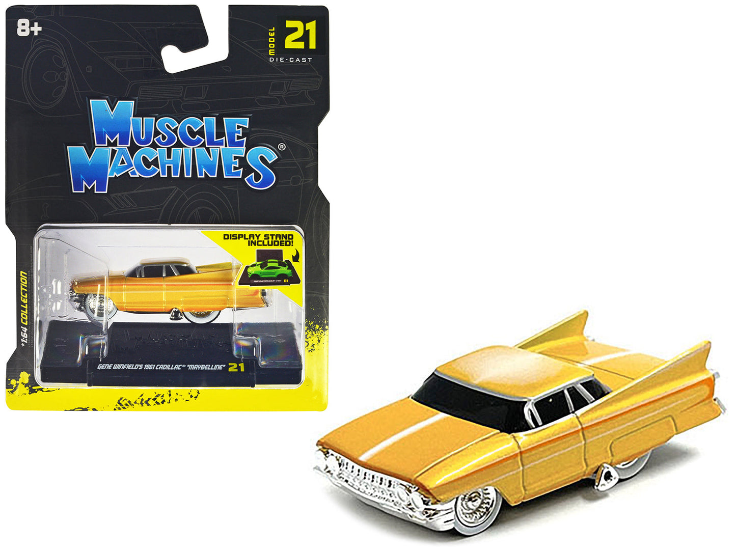 Gene Winfield’s 1961 Cadillac Maybelline Yellow Metallic with White Stripes 1/64 Diecast Model Car