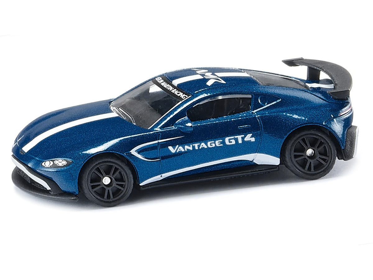 Aston Martin Vantage GT4 Blue Metallic with White Stripes Diecast Model Car