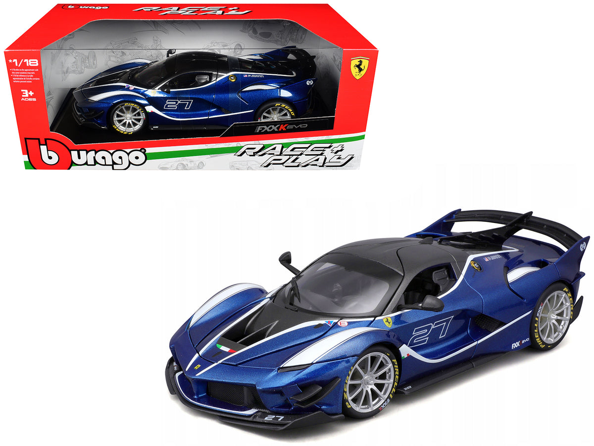 Ferrari FXX-K Evo #27 Blue Metallic with White Accents and Gray Metallic Top "Race + Play" Series 1/18 Diecast Model Car