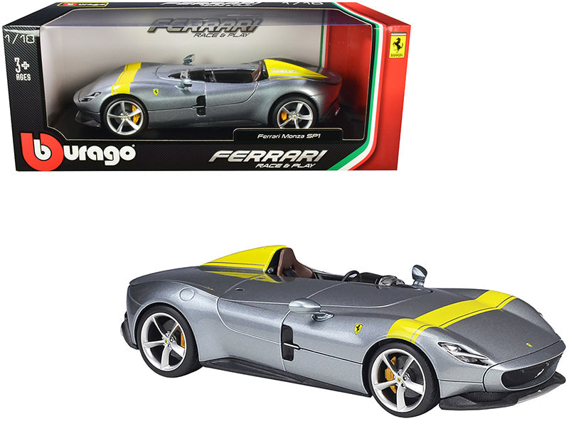 Ferrari Monza SP1 Silver Metallic with Yellow Stripes 1/18 Diecast Model Car