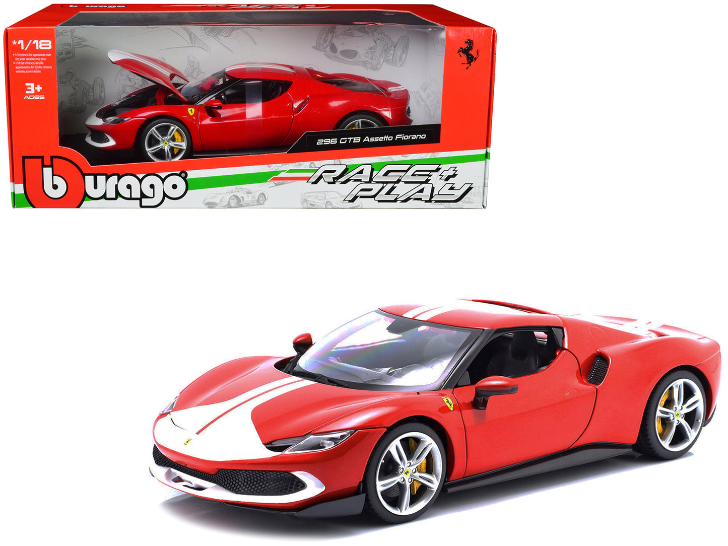Ferrari 296 GTB Assetto Fiorano Red with White Stripes "Race + Play" Series 1/18 Diecast Model Car