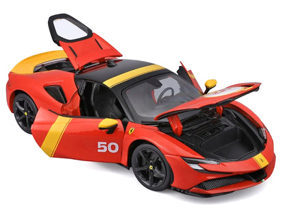 Ferrari SF90 Stradale Assetto Fiorano #50 Red with Black Top and Yellow Stripes "Race + Play" Series 1/18 Diecast Model Car