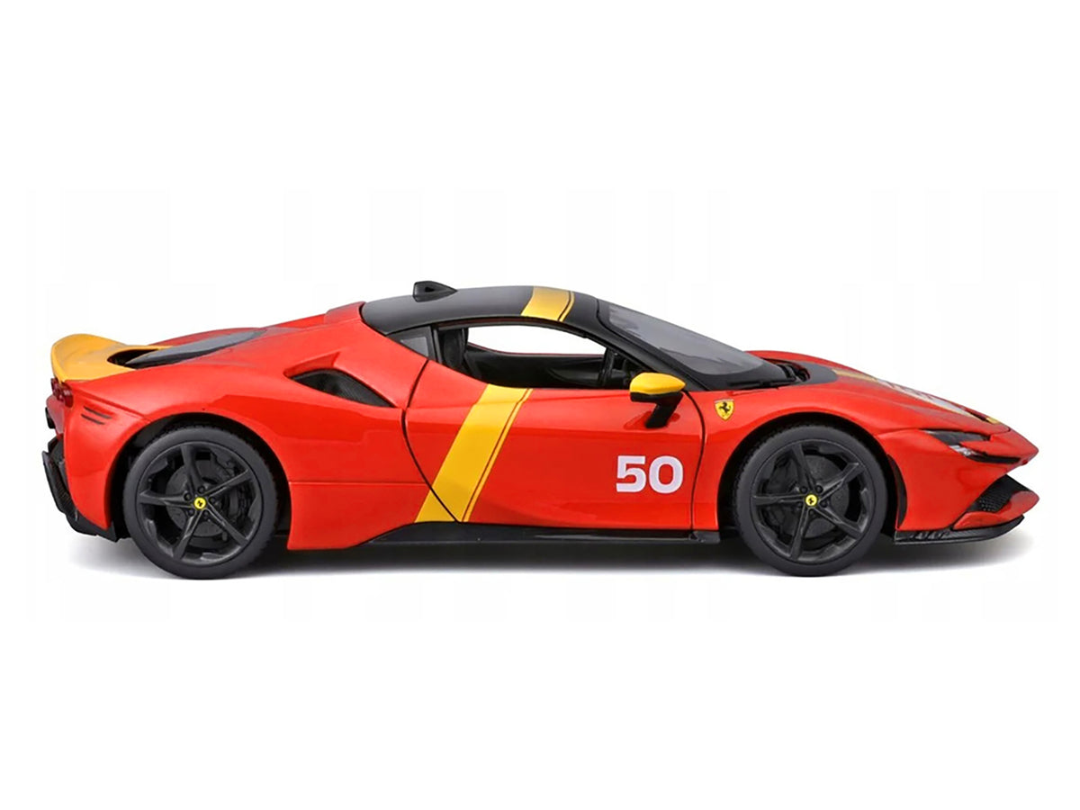 Ferrari SF90 Stradale Assetto Fiorano #50 Red with Black Top and Yellow Stripes "Race + Play" Series 1/18 Diecast Model Car