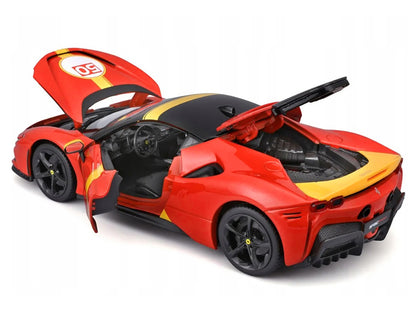 Ferrari SF90 Stradale Assetto Fiorano #50 Red with Black Top and Yellow Stripes "Race + Play" Series 1/18 Diecast Model Car