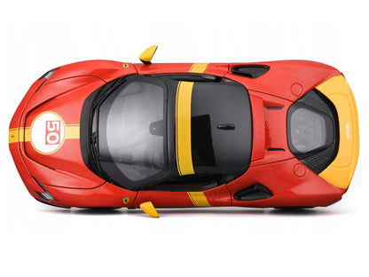 Ferrari SF90 Stradale Assetto Fiorano #50 Red with Black Top and Yellow Stripes "Race + Play" Series 1/18 Diecast Model Car