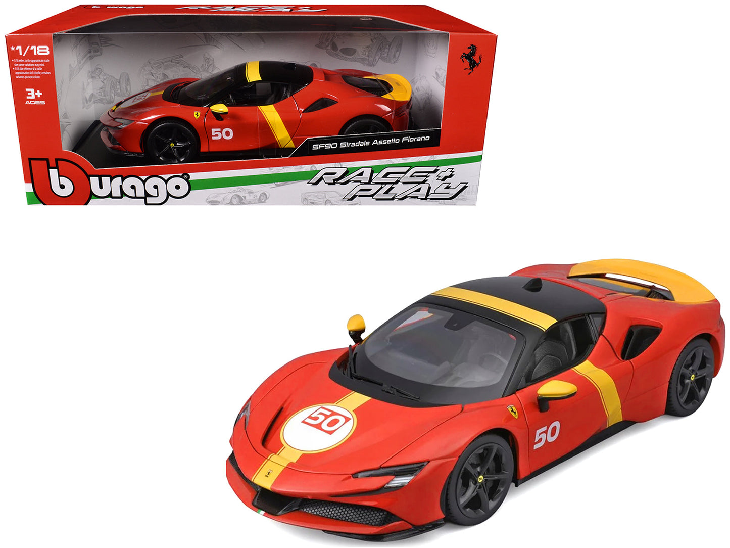 Ferrari SF90 Stradale Assetto Fiorano #50 Red with Black Top and Yellow Stripes "Race + Play" Series 1/18 Diecast Model Car