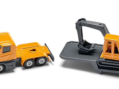 Truck with Low Loader Trailer and Excavator Yellow Diecast Model