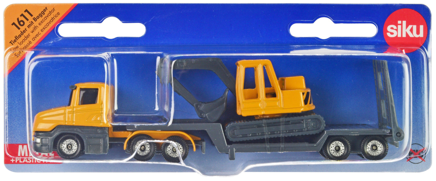 Truck with Low Loader Trailer and Excavator Yellow Diecast Model