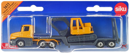 Truck with Low Loader Trailer and Excavator Yellow Diecast Model