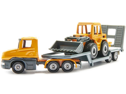 Truck with Low Loader Trailer and Front Loader Yellow Diecast Model