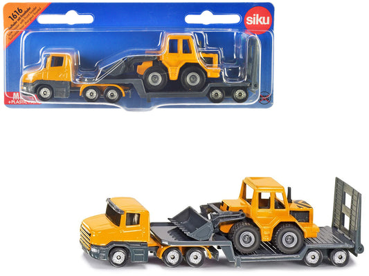 Truck with Low Loader Trailer and Front Loader Yellow Diecast Model