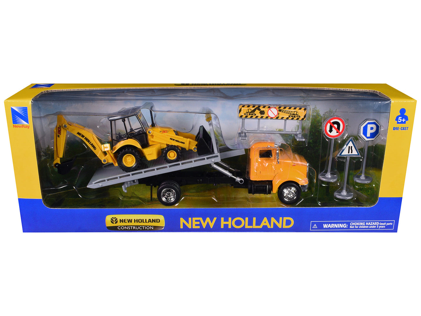 Peterbilt 335 Roll-Off Flatbed Truck and New Holland B110C Backhoe Loader with Street Signs "New Holland Construction" Diecast Models