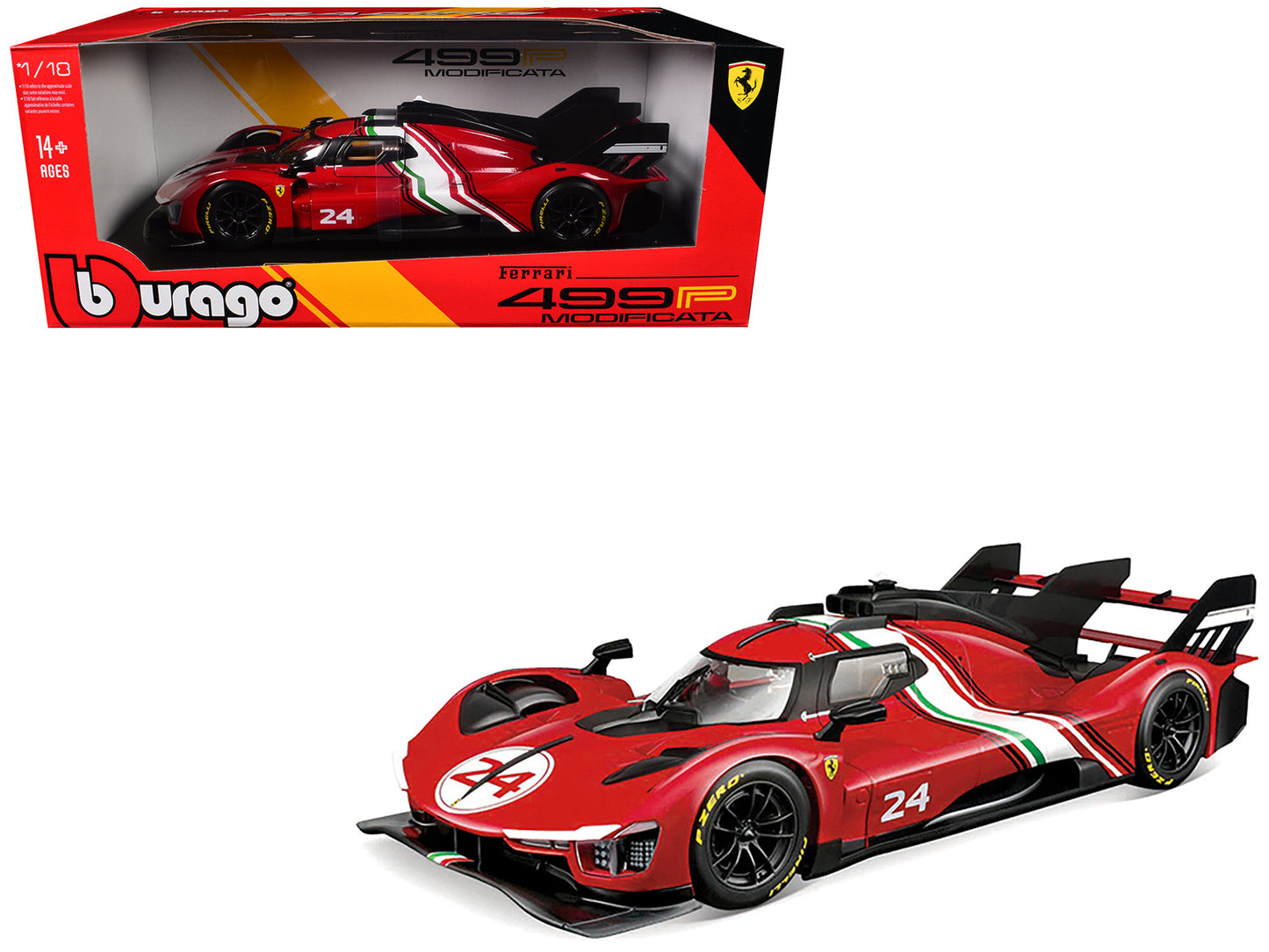 Ferrari 499P Modificata #24 Red with Italian Flag Stripes "Racing" Series 1/18 Diecast Model Car