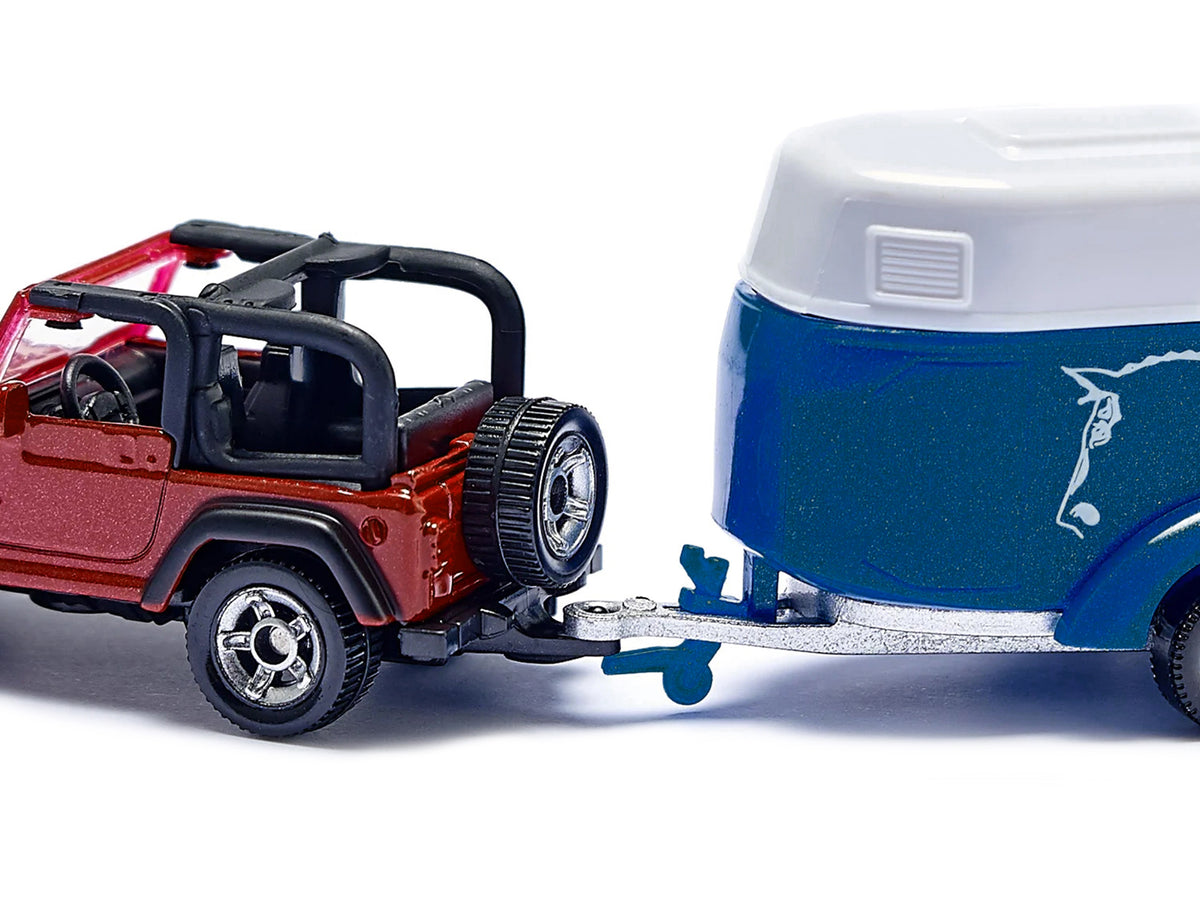 Jeep Red with Horse Trailer Blue and Horse Accessory Diecast Model