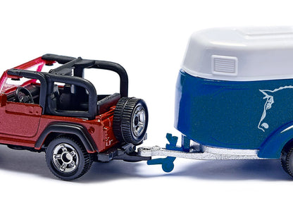 Jeep Red with Horse Trailer Blue and Horse Accessory Diecast Model