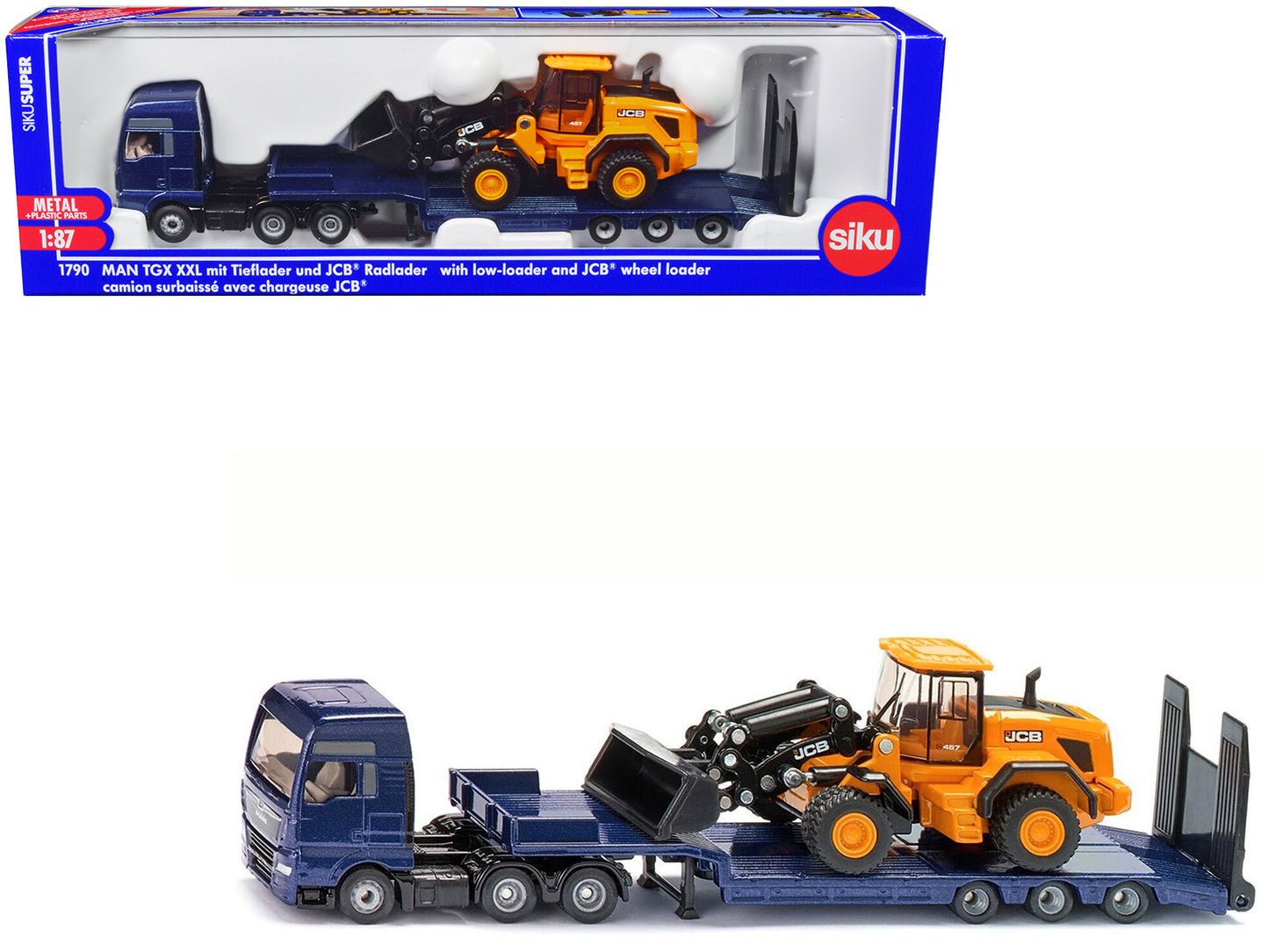 MAN Truck Blue Metallic with Low Loader Trailer and JCB 457 Wheel Loader Yellow 1/87 (HO) Diecast Model
