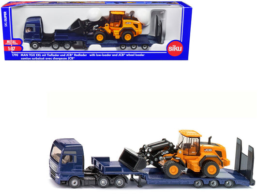 MAN Truck Blue Metallic with Low Loader Trailer and JCB 457 Wheel Loader Yellow 1/87 (HO) Diecast Model