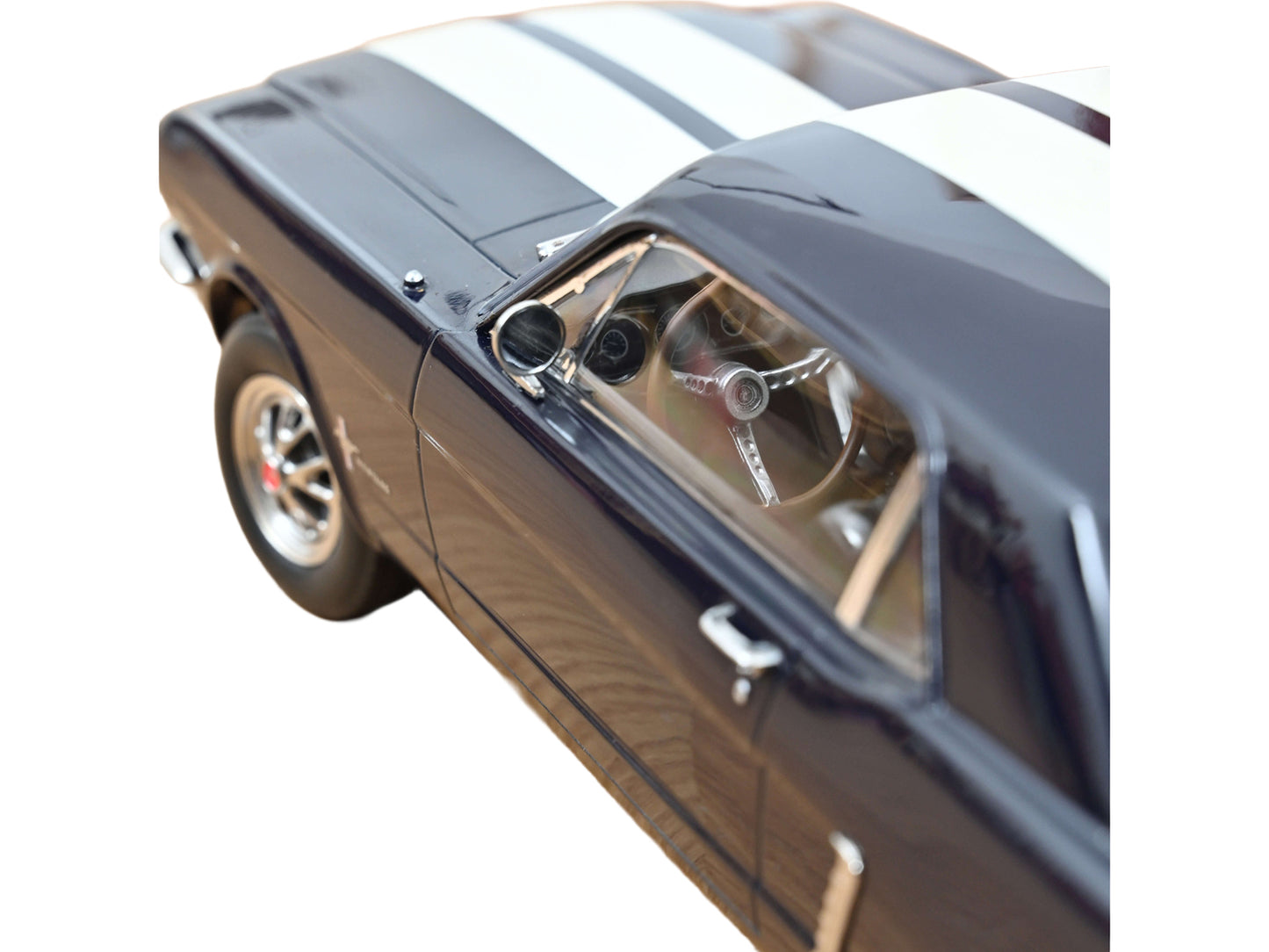 1965 Ford Mustang Hardtop Coupe Nightmist Blue Metallic with White Stripes 1/18 Diecast Model Car