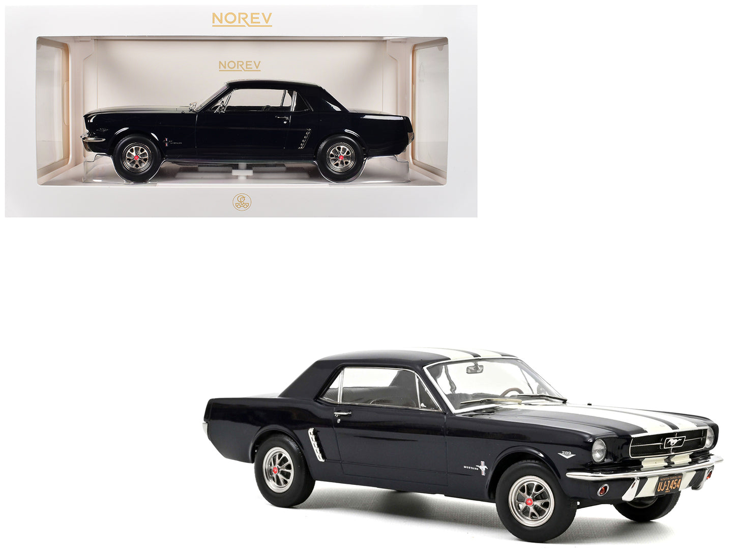 1965 Ford Mustang Hardtop Coupe Nightmist Blue Metallic with White Stripes 1/18 Diecast Model Car