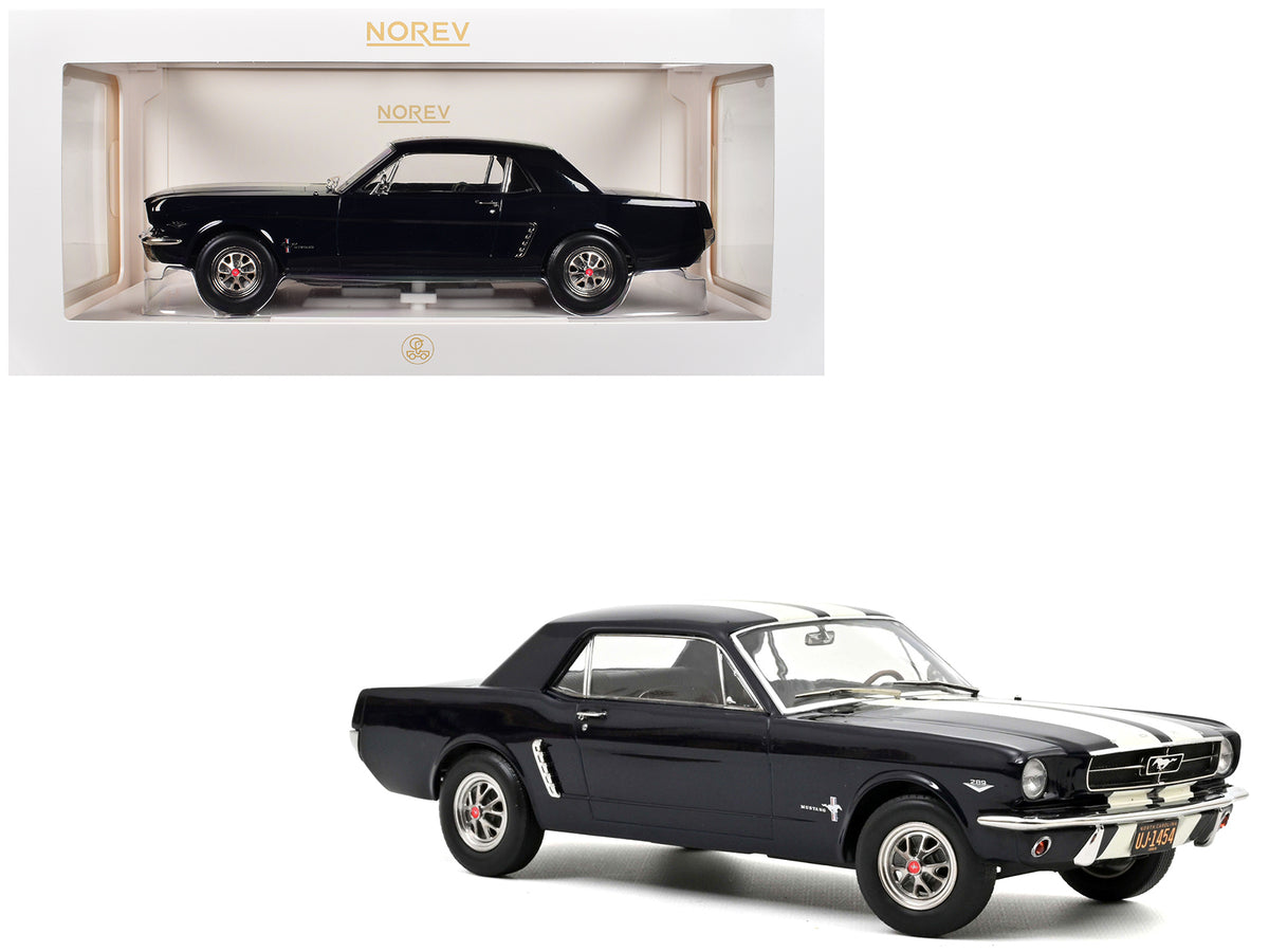 1965 Ford Mustang Hardtop Coupe Nightmist Blue Metallic with White Stripes 1/18 Diecast Model Car