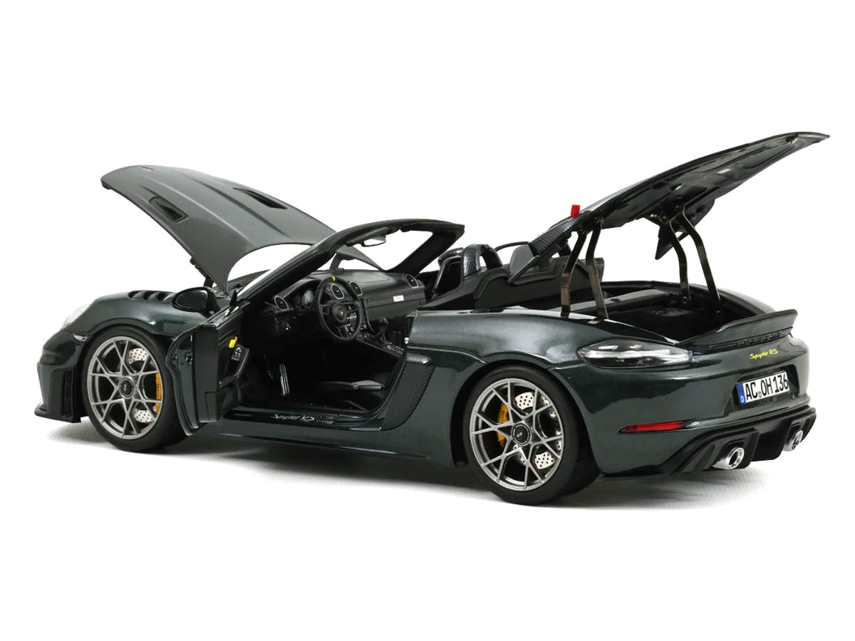 2023 Porsche 718 Spyder RS Weissach Pack Forest Green Metallic with Carbon Hood Stripes 1/18 Diecast Model Car