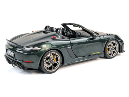 2023 Porsche 718 Spyder RS Weissach Pack Forest Green Metallic with Carbon Hood Stripes 1/18 Diecast Model Car