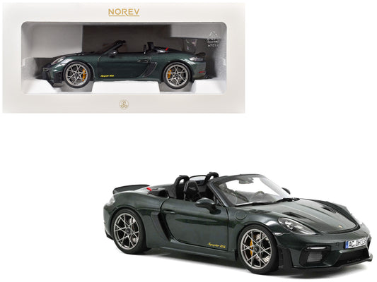 2023 Porsche 718 Spyder RS Weissach Pack Forest Green Metallic with Carbon Hood Stripes 1/18 Diecast Model Car