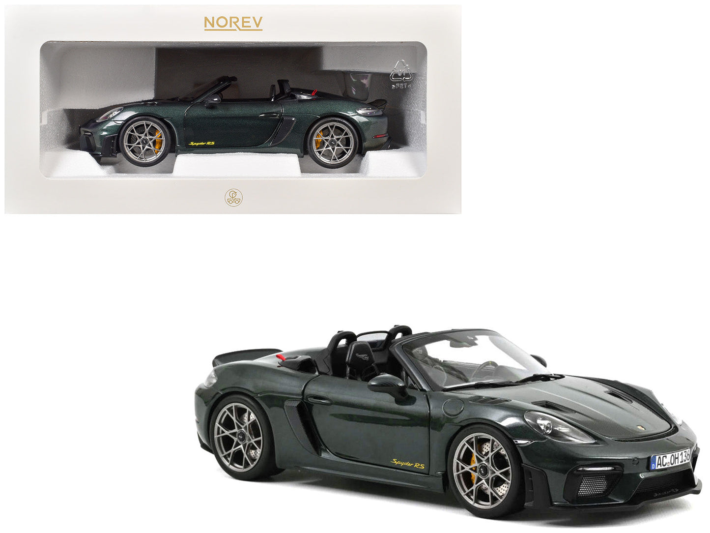 2023 Porsche 718 Spyder RS Weissach Pack Forest Green Metallic with Carbon Hood Stripes 1/18 Diecast Model Car