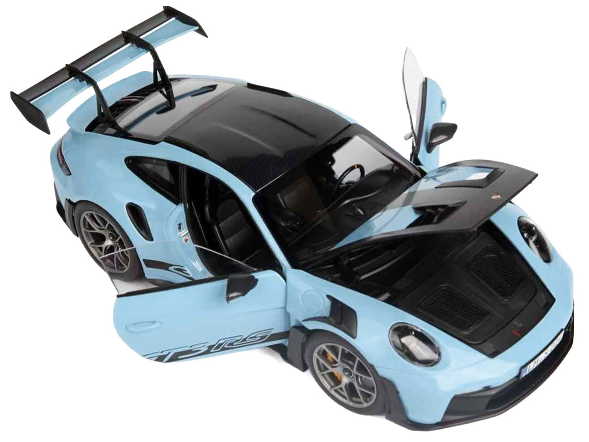 2022 Porsche 911 GT3 RS Weissach Pack Gulf Blue with Carbon Top and Hood Stripes 1/18 Diecast Model Car