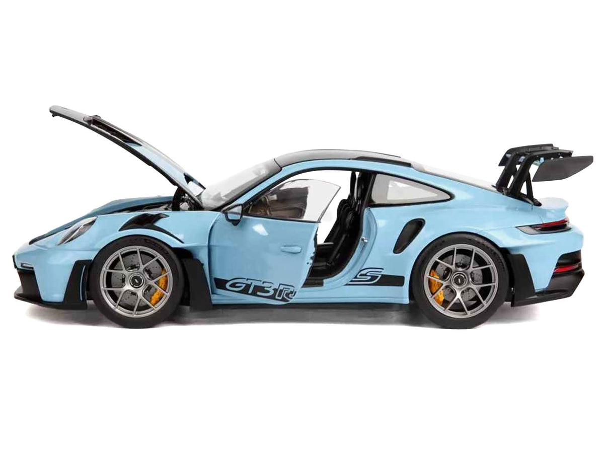 2022 Porsche 911 GT3 RS Weissach Pack Gulf Blue with Carbon Top and Hood Stripes 1/18 Diecast Model Car
