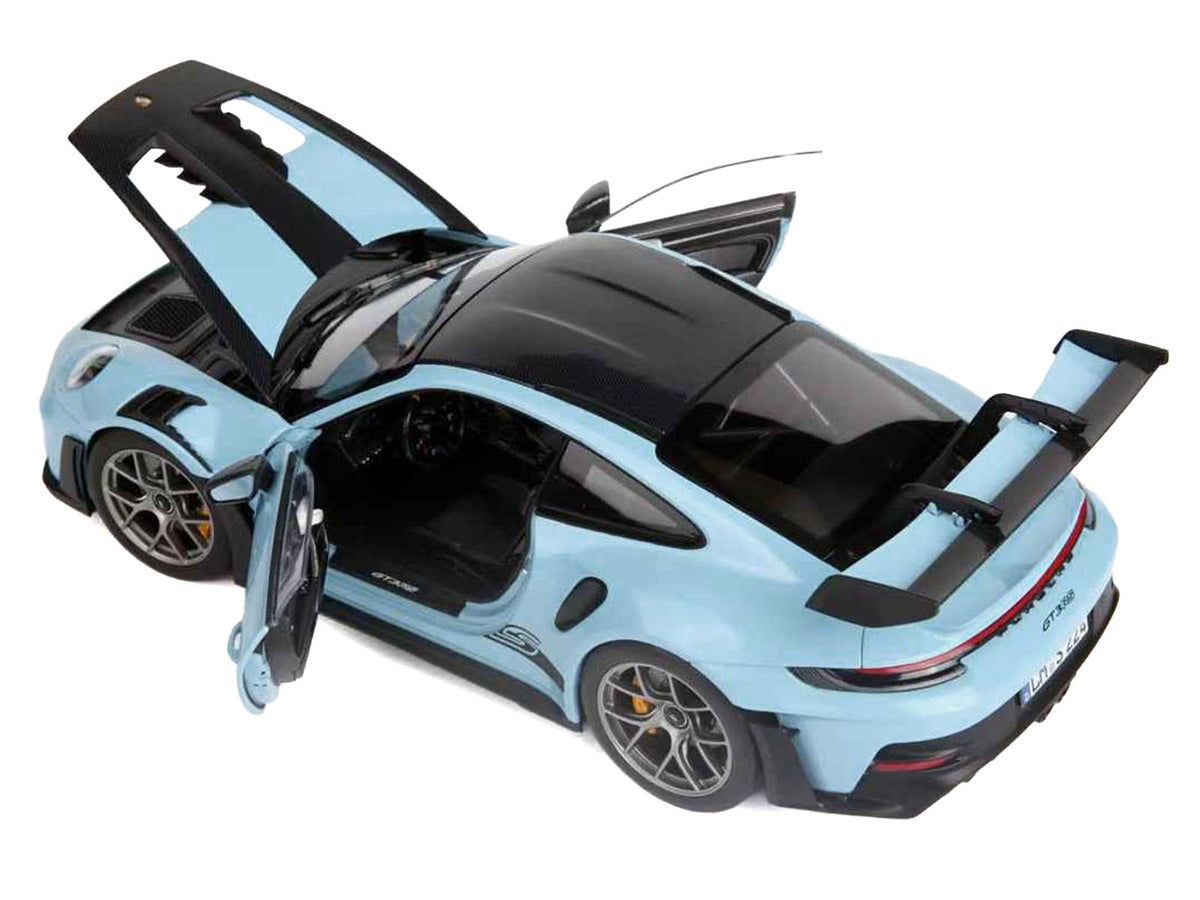 2022 Porsche 911 GT3 RS Weissach Pack Gulf Blue with Carbon Top and Hood Stripes 1/18 Diecast Model Car
