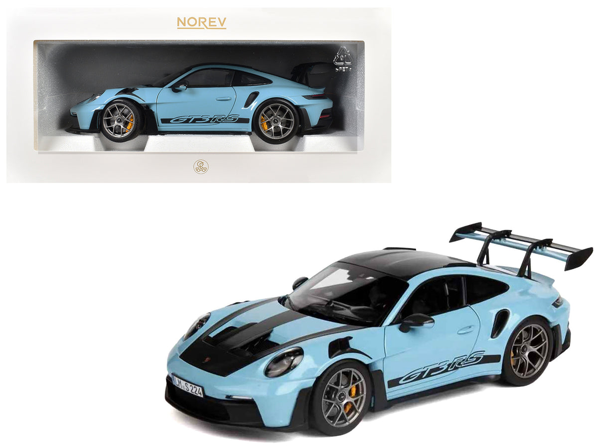 2022 Porsche 911 GT3 RS Weissach Pack Gulf Blue with Carbon Top and Hood Stripes 1/18 Diecast Model Car
