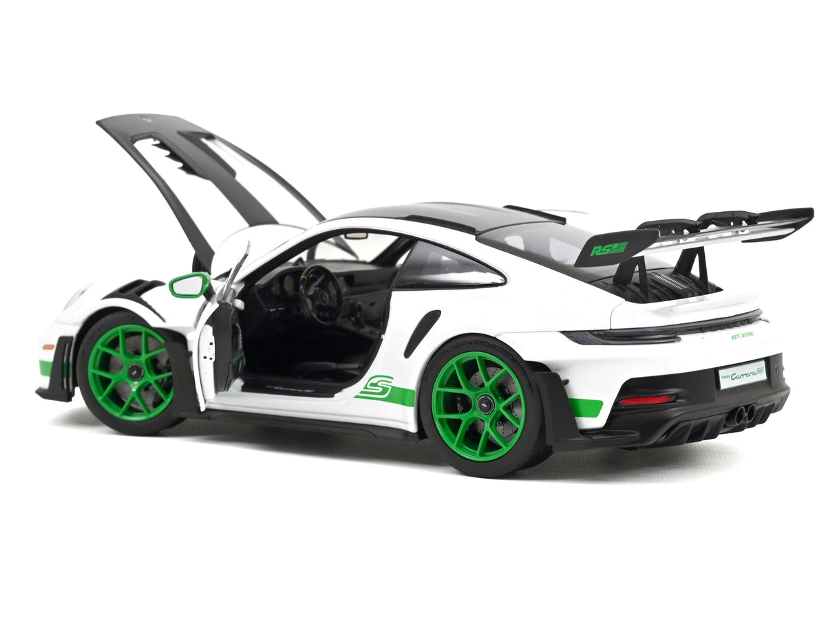 2022 Porsche 911 GT3 RS Weissach Pack White with Green Stripes And Carbon Hood and Top 1/18 Diecast Model Car