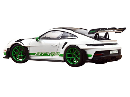 2022 Porsche 911 GT3 RS Weissach Pack White with Green Stripes And Carbon Hood and Top 1/18 Diecast Model Car