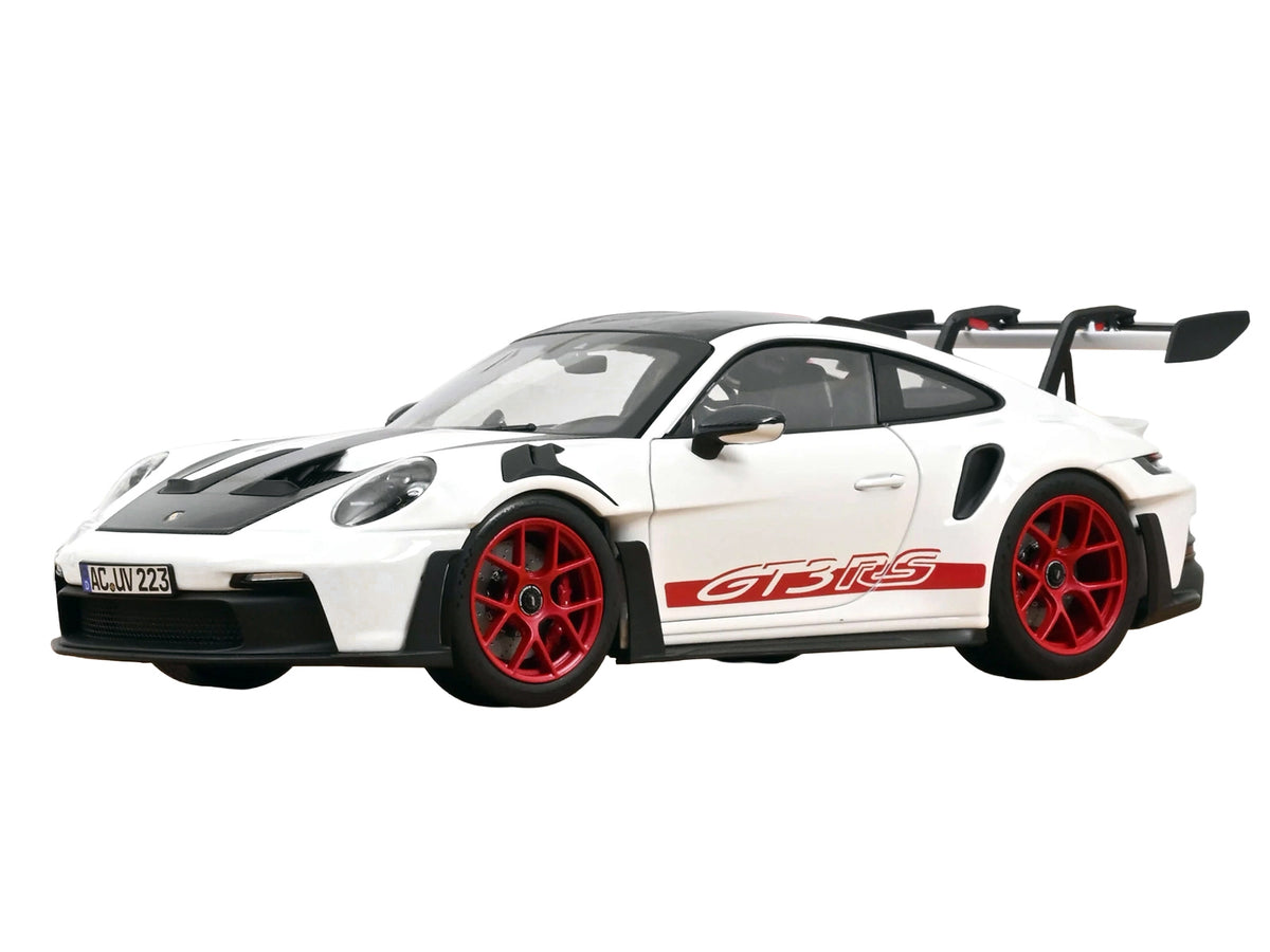 2022 Porsche 911 GT3 RS with Weissach Pack White with Carbon Hood and Top and Pyro Red Stripes and Wheels 1/18 Diecast Model Car