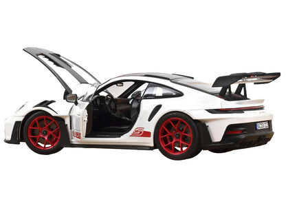 2022 Porsche 911 GT3 RS with Weissach Pack White with Carbon Hood and Top and Pyro Red Stripes and Wheels 1/18 Diecast Model Car