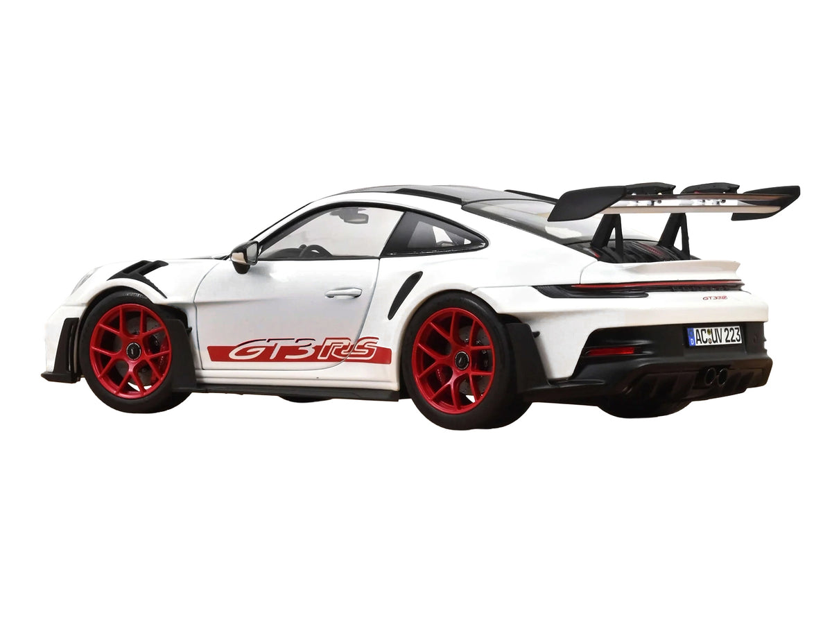 2022 Porsche 911 GT3 RS with Weissach Pack White with Carbon Hood and Top and Pyro Red Stripes and Wheels 1/18 Diecast Model Car