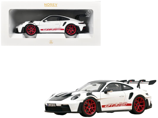 2022 Porsche 911 GT3 RS with Weissach Pack White with Carbon Hood and Top and Pyro Red Stripes and Wheels 1/18 Diecast Model Car