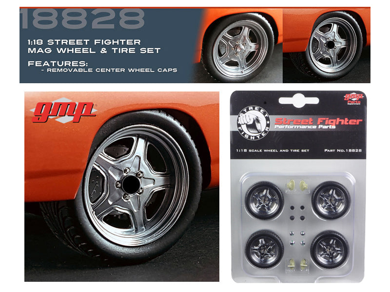 Street Fighter Mag Wheel and Tire Set of 4 pieces from "1970 Plymouth RoadRunner "The Hammer" "Fast & Furious" Movie 1/18