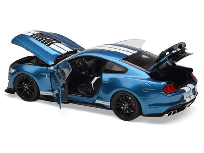 2022 Ford Mustang Shelby GT500 Blue Metallic with White Stripes 1/18 Diecast Model Car