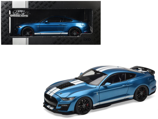 2022 Ford Mustang Shelby GT500 Blue Metallic with White Stripes 1/18 Diecast Model Car
