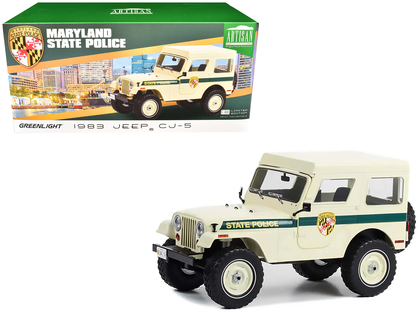 1983 Jeep CJ-5 Hardtop "Maryland State Police" Beige with Green Stripes "Artisan Collection" Series 1/18 Diecast Model Car