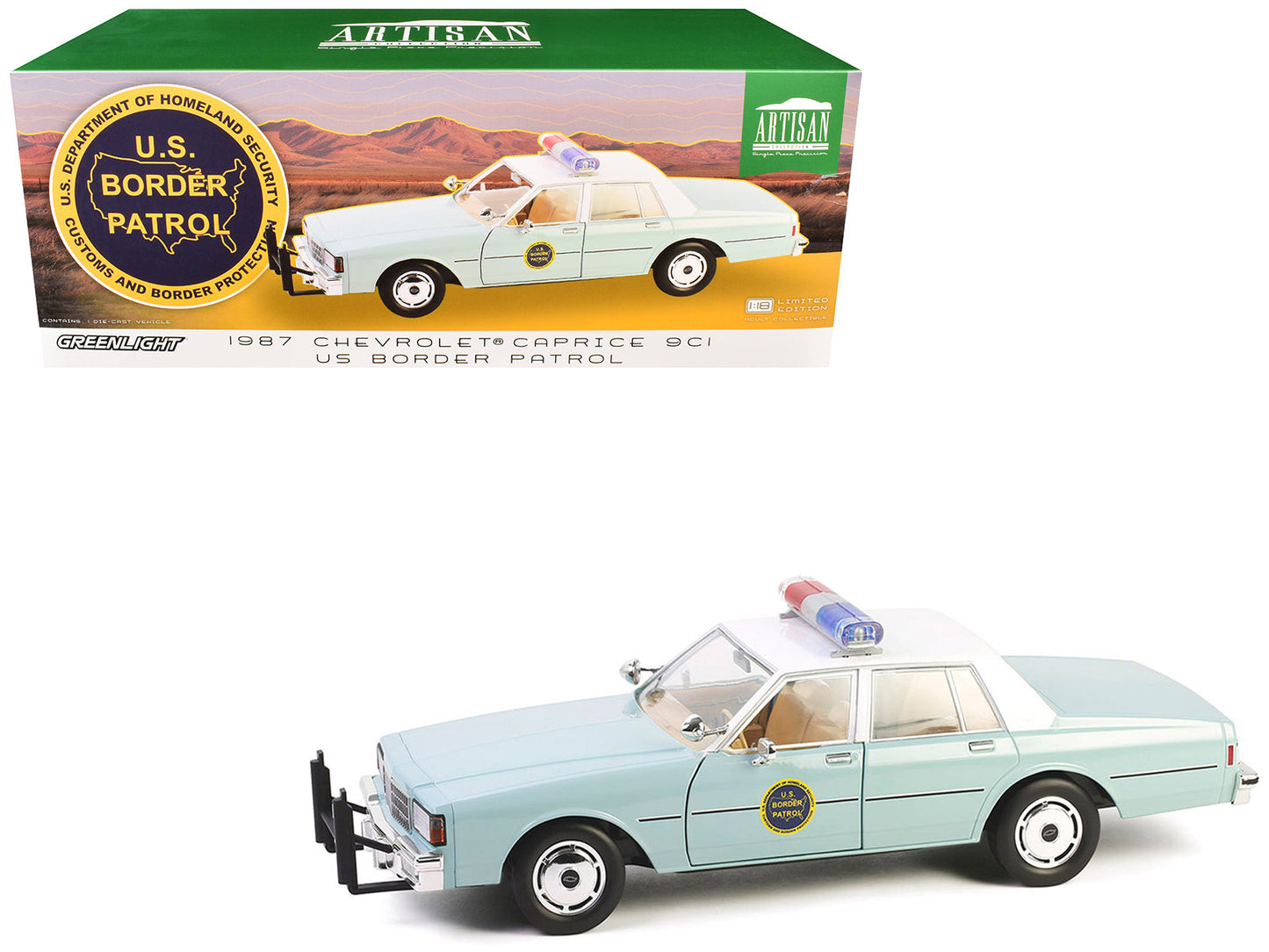 1987 Chevrolet Caprice 9C1 "US Border Patrol" Light Green with White Top "Artisan Collection" 1/18 Diecast Model Car