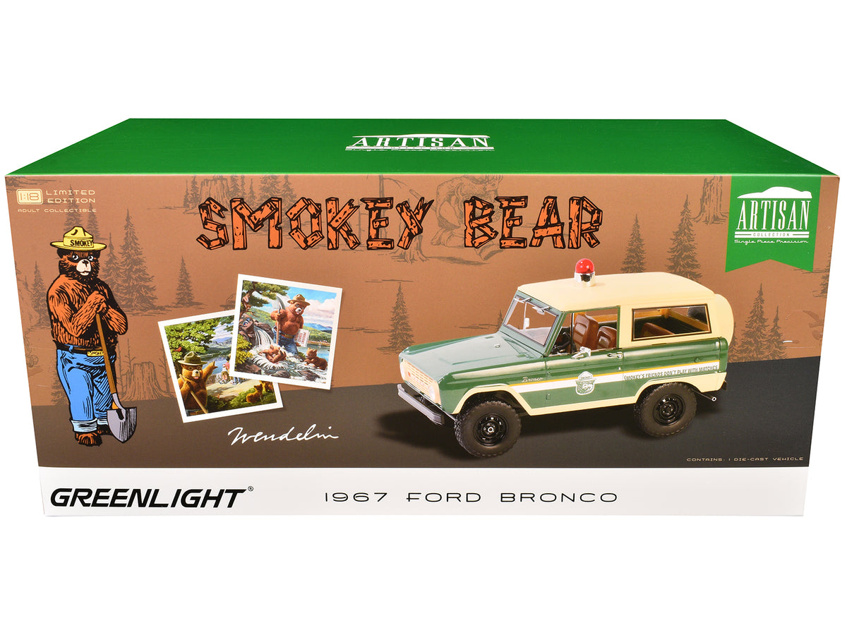 1967 Ford Bronco "Smokey Bear Forest Ranger" Green and Cream with White Stripes "Artisan Collection" 1/18 Diecast Model Car