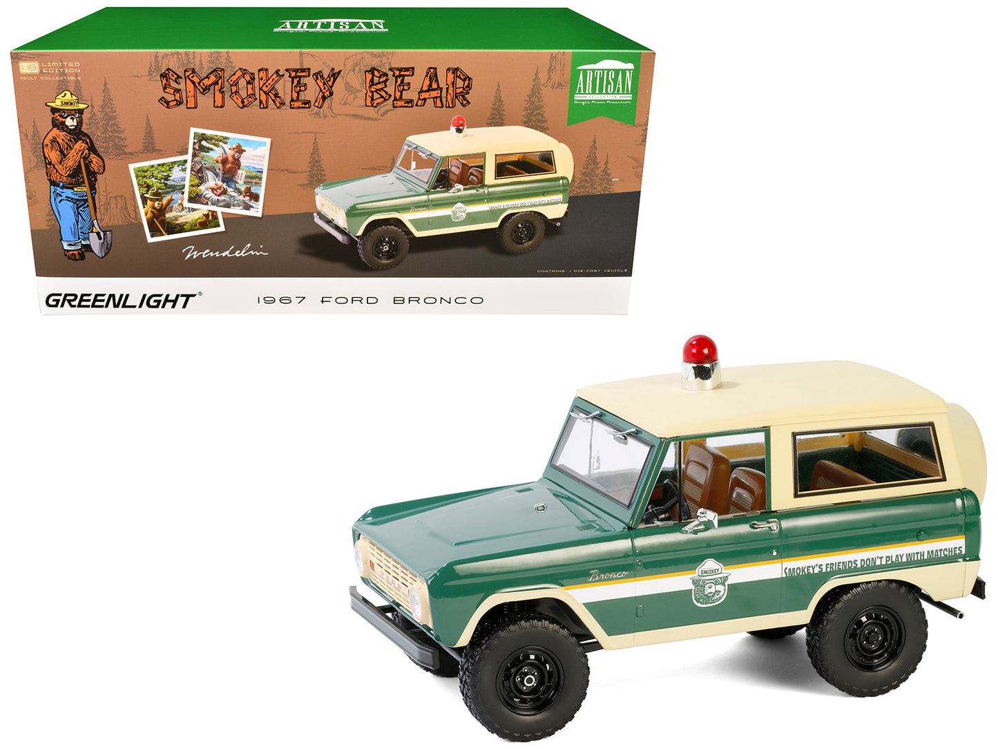 1967 Ford Bronco "Smokey Bear Forest Ranger" Green and Cream with White Stripes "Artisan Collection" 1/18 Diecast Model Car