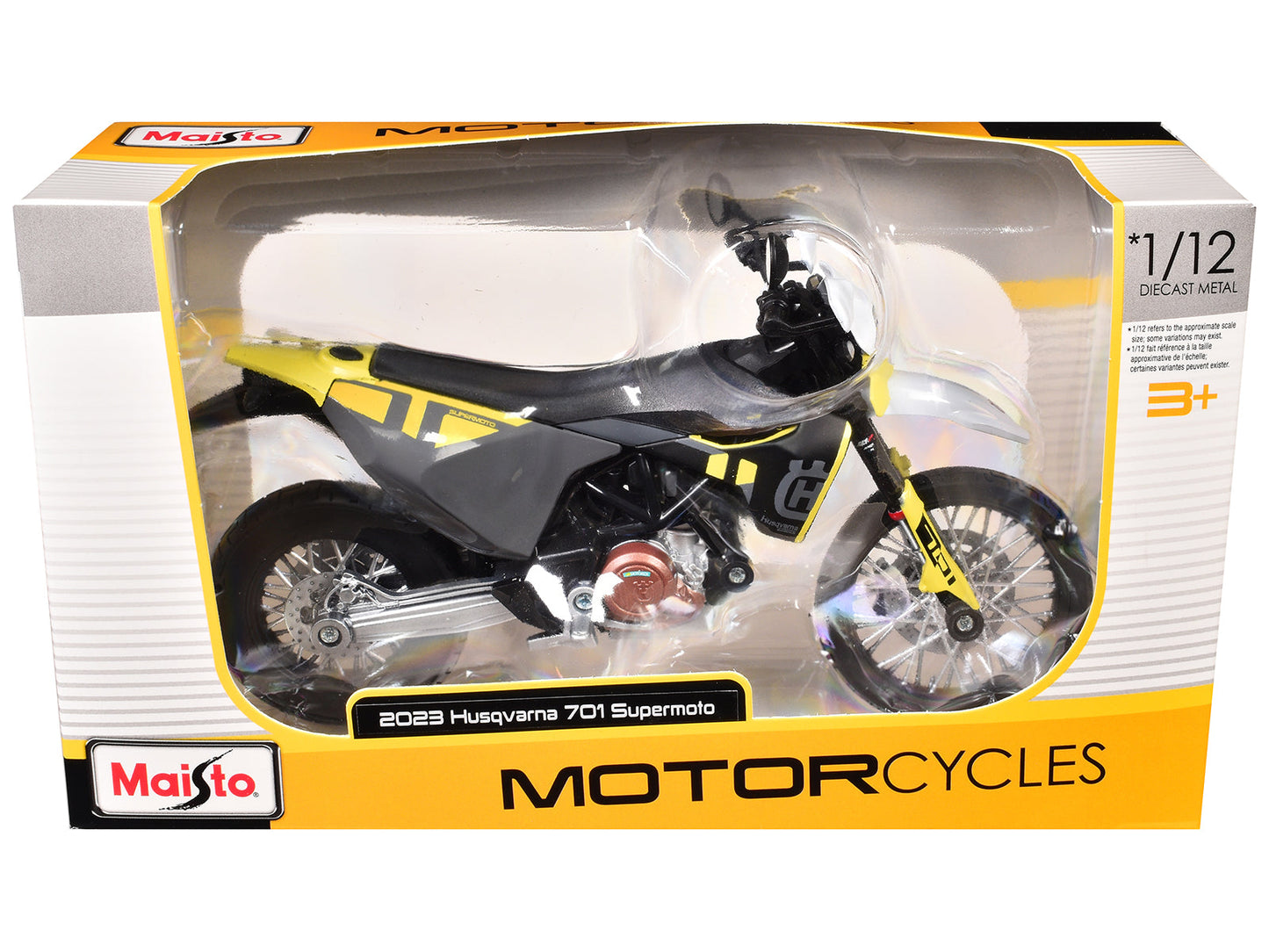 2023 Husqvarna 701 Supermoto Motorcycle Matt Black and Gray with Yellow and White Accents 1/12 Diecast Motorcycle Model