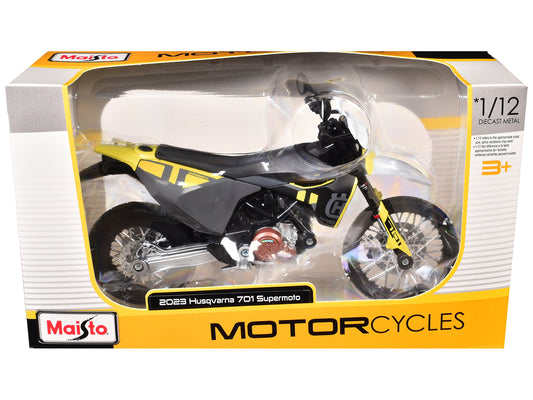 2023 Husqvarna 701 Supermoto Motorcycle Matt Black and Gray with Yellow and White Accents 1/12 Diecast Motorcycle Model