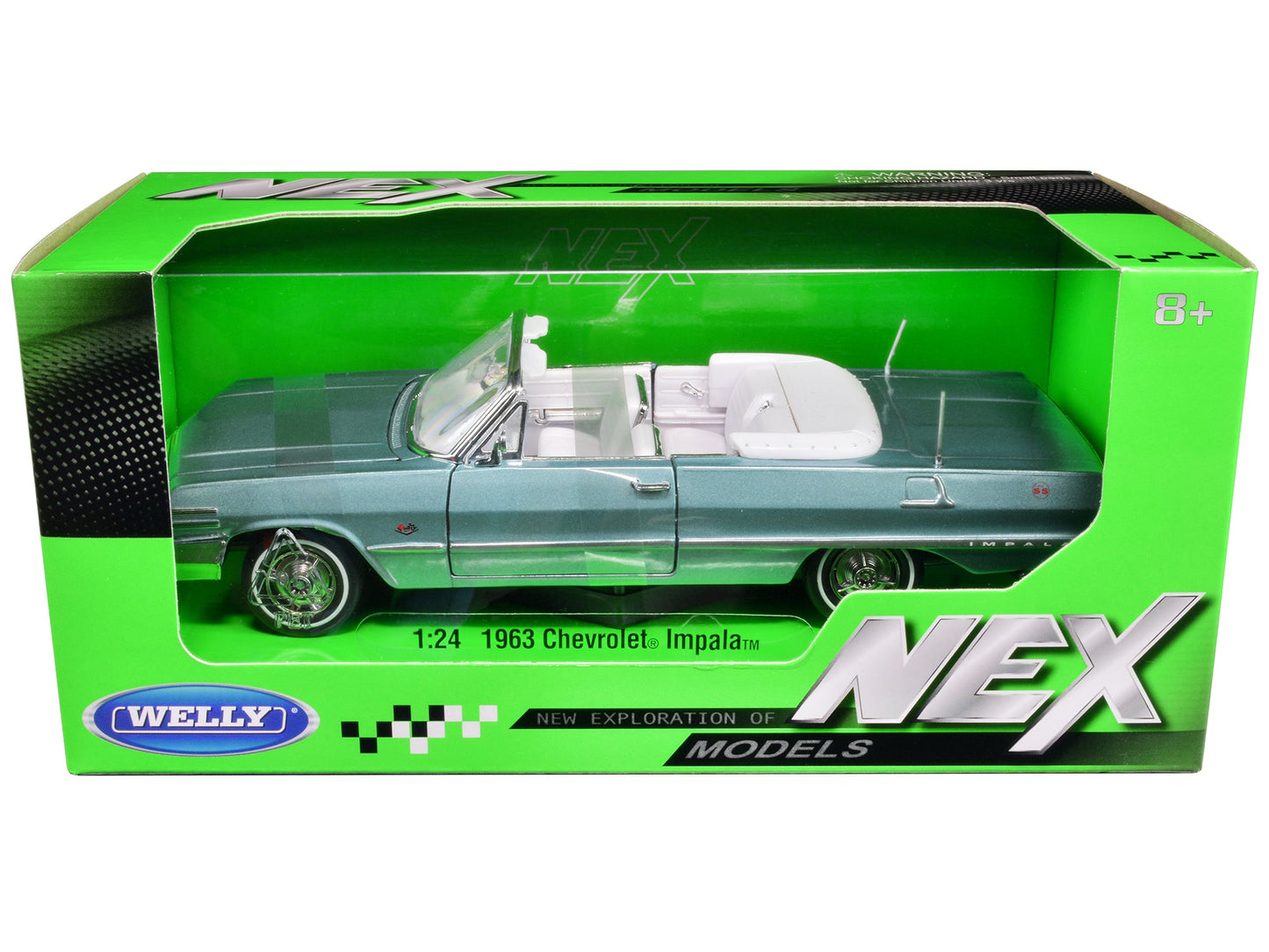 1963 Chevrolet Impala Convertible Light Blue Metallic with White Interior "NEX Models" 1/24 Diecast Model Car