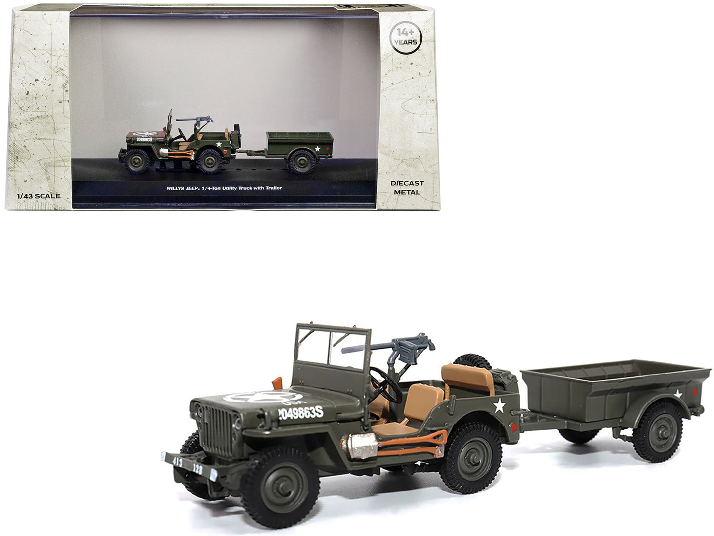 Willys Jeep 1/4-Ton Utility Truck Olive Drab with Trailer "United States Army" 1/43 Diecast Model