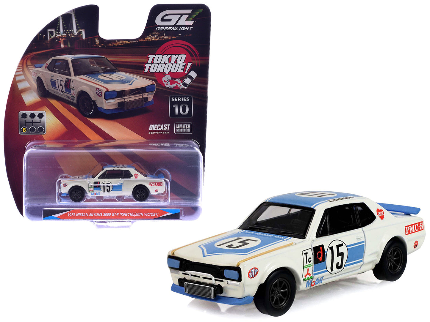 1972 Nissan Skyline 2000 GT-R (KPGC10) RHD (Right Hand Drive) #15 Kunimitsu Takahashi "50th Victory" White with Blue Stripe "Tokyo Torque" Series 10 1/64 Diecast Model Car